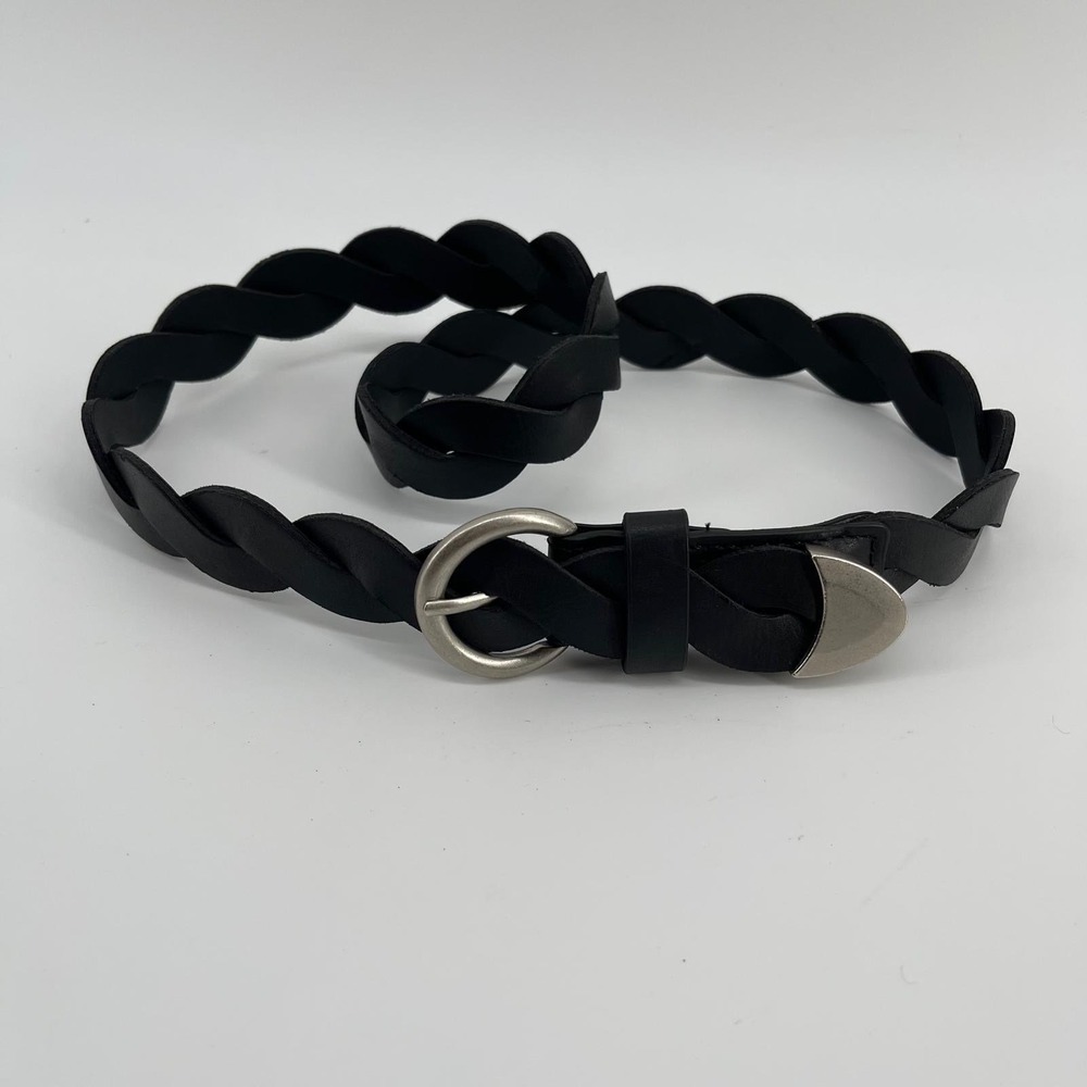 Womens Black Braided Leather Belt Silver Buckle Metal Tip 36 Inch